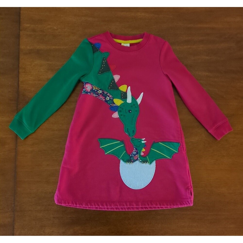 Mini Boden Girls Candy Cane Pink Dragons Cosy Appliqué Sweatshirt Dress 6/7 GUC